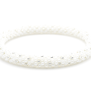 Sashka Co handmade beaded friendship bracelet with white and clear glass beads. Crafted in Nepal by skilled artisans in a polka dot pattern.