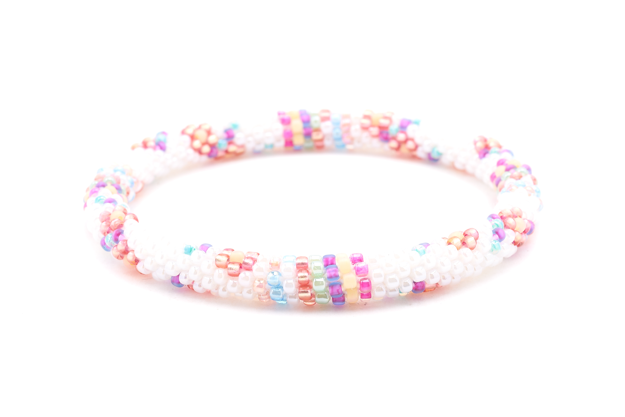Sashka Co handmade beaded friendship bracelet with white, rose red, mint, matte purple, pink, blue, peach, and matte yellow glass beads. Crafted in Nepal by skilled artisans in a flower line pattern.

