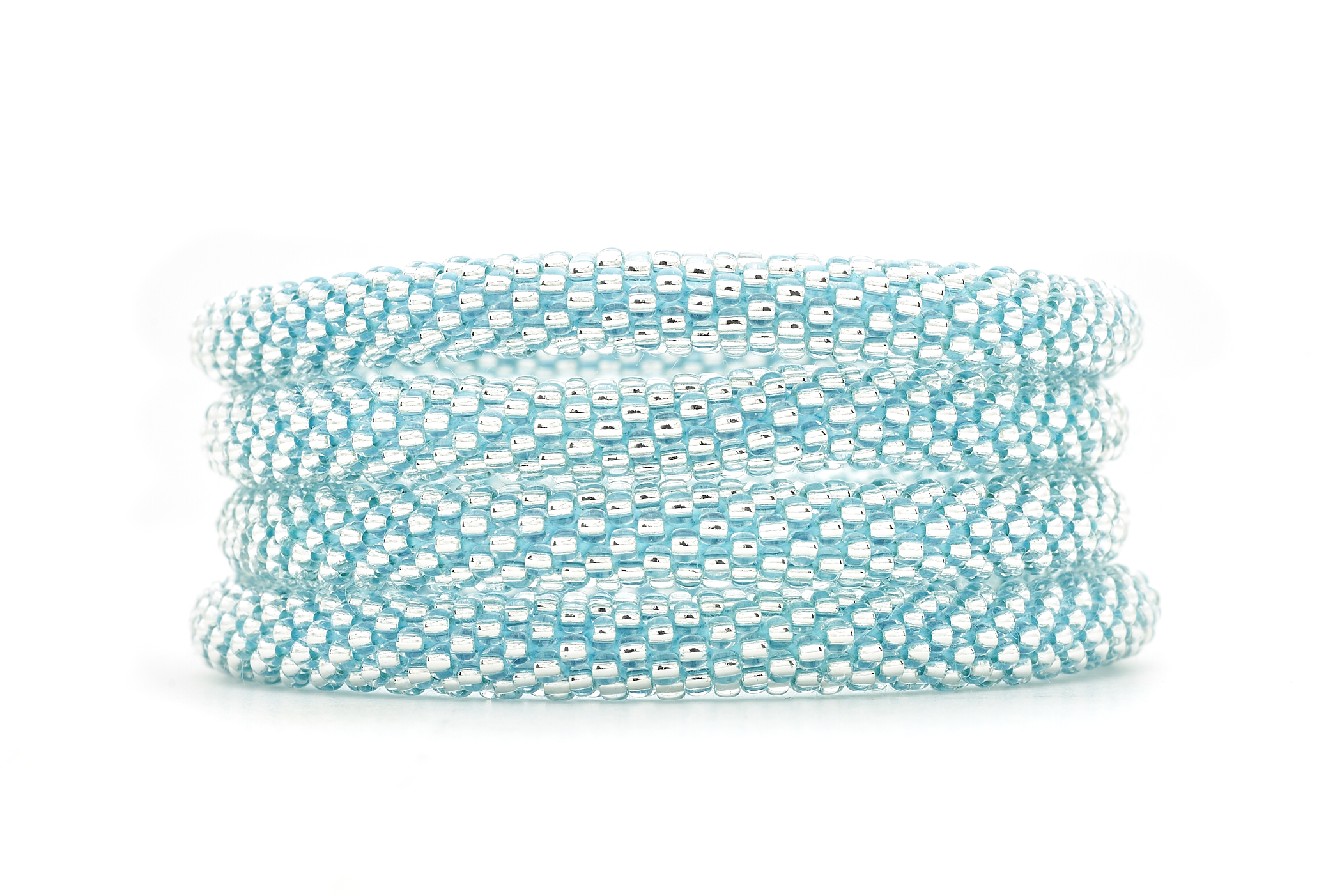 Handmade glass bead Clear with Blue Thread bracelet from Nepal, featuring a roll design. Also known as a beaded bracelet, seed bead bracelet, beach glass bracelet, or sea glass bracelet