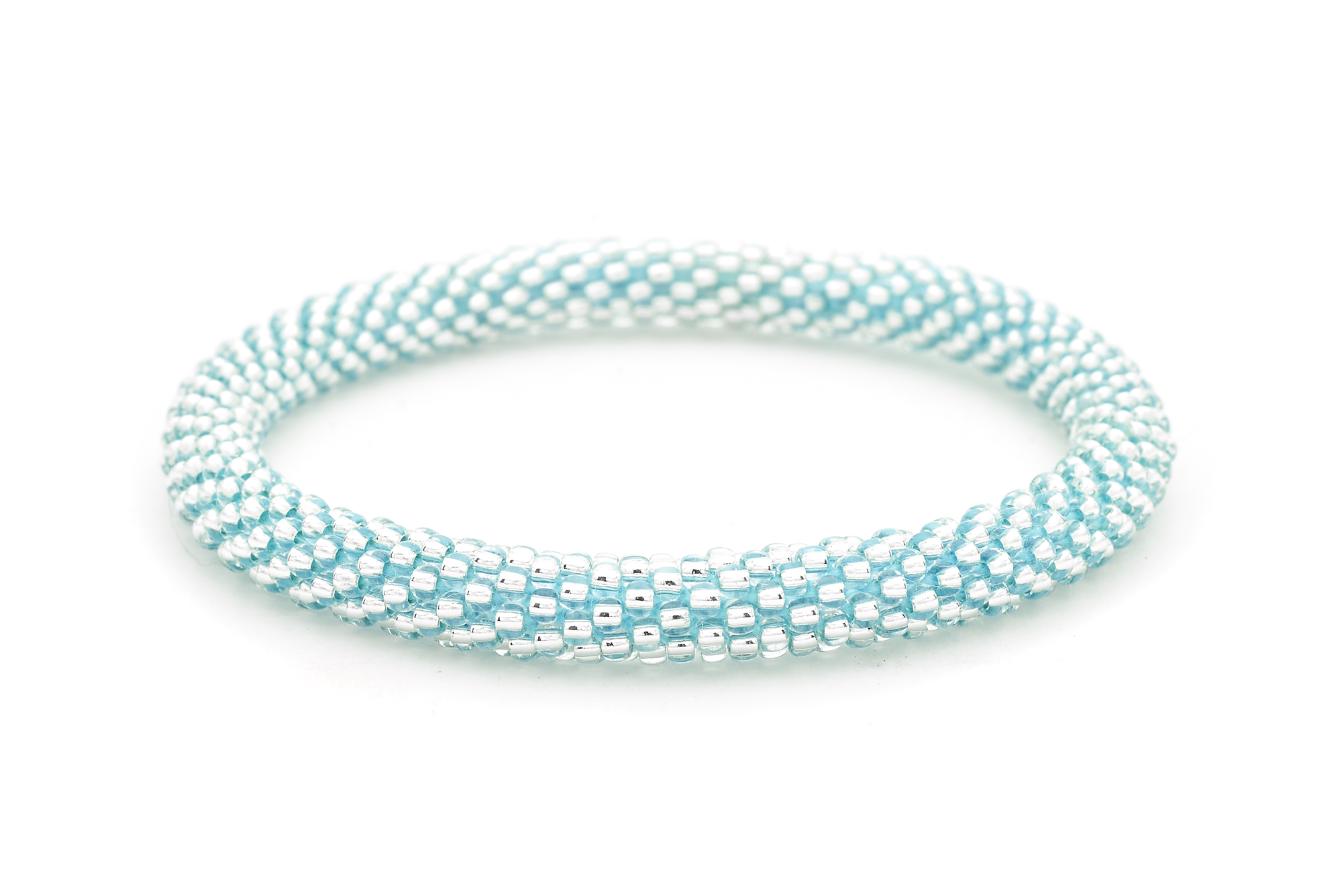Handmade glass bead Clear with Blue Thread bracelet from Nepal, featuring a roll design. Also known as a beaded bracelet, seed bead bracelet, beach glass bracelet, or sea glass bracelet