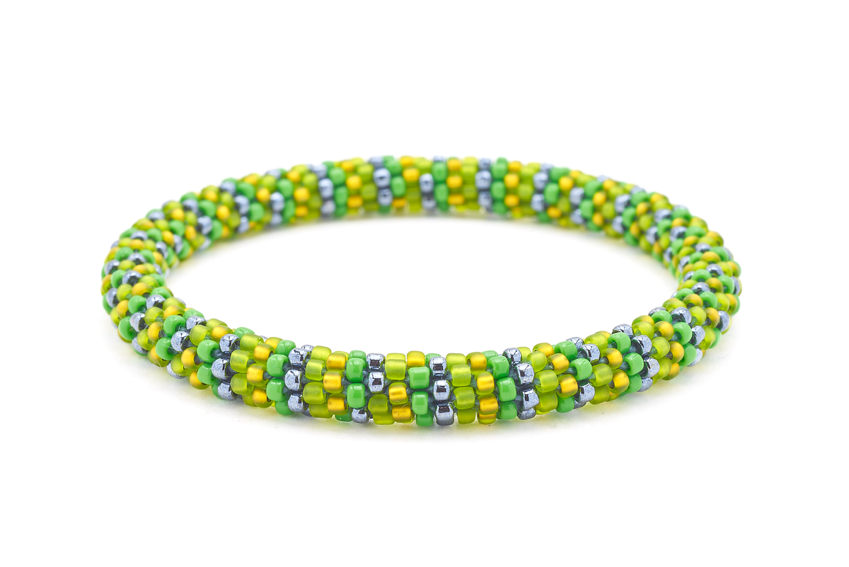 Sashka Co.  Green , Matte Green , Silver Bracelet. Handmade glass bead bracelet from Nepal, featuring a roll design.
 