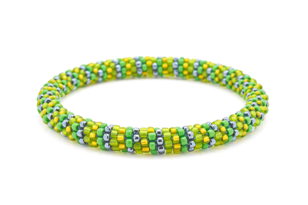 Sashka Co.  Green , Matte Green , Silver Bracelet. Handmade glass bead bracelet from Nepal, featuring a roll design.
 
