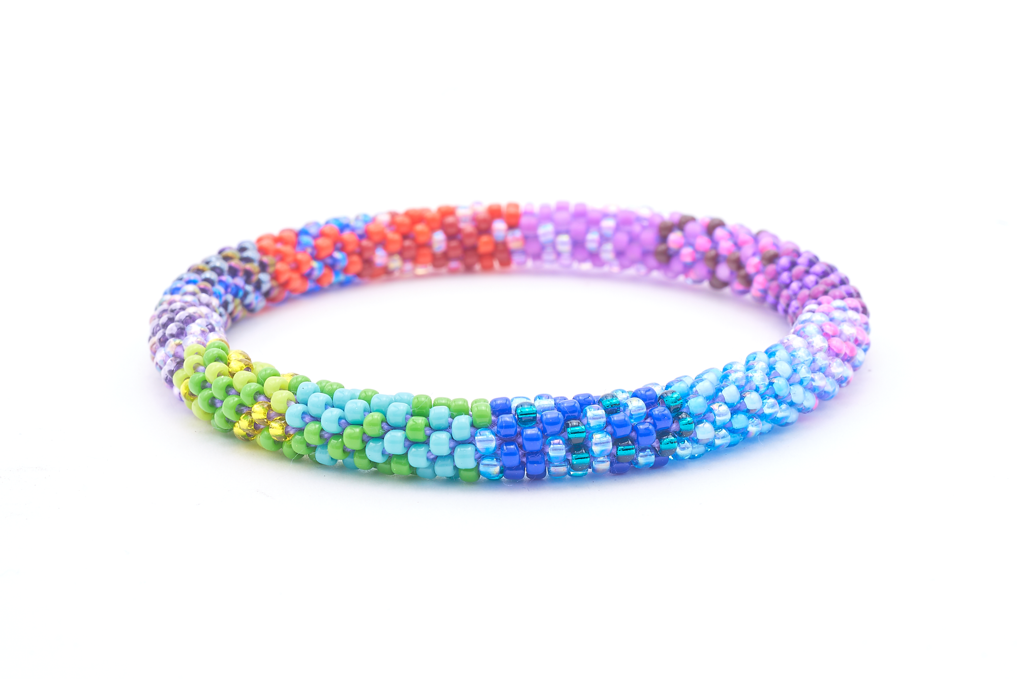 Sashka Co. handmade glass beaded friendship bracelet with shades of blue, green, purple, and red, and iridescent glass beads in a confetti mixed pattern. Crafted in Nepal by skilled artisans.