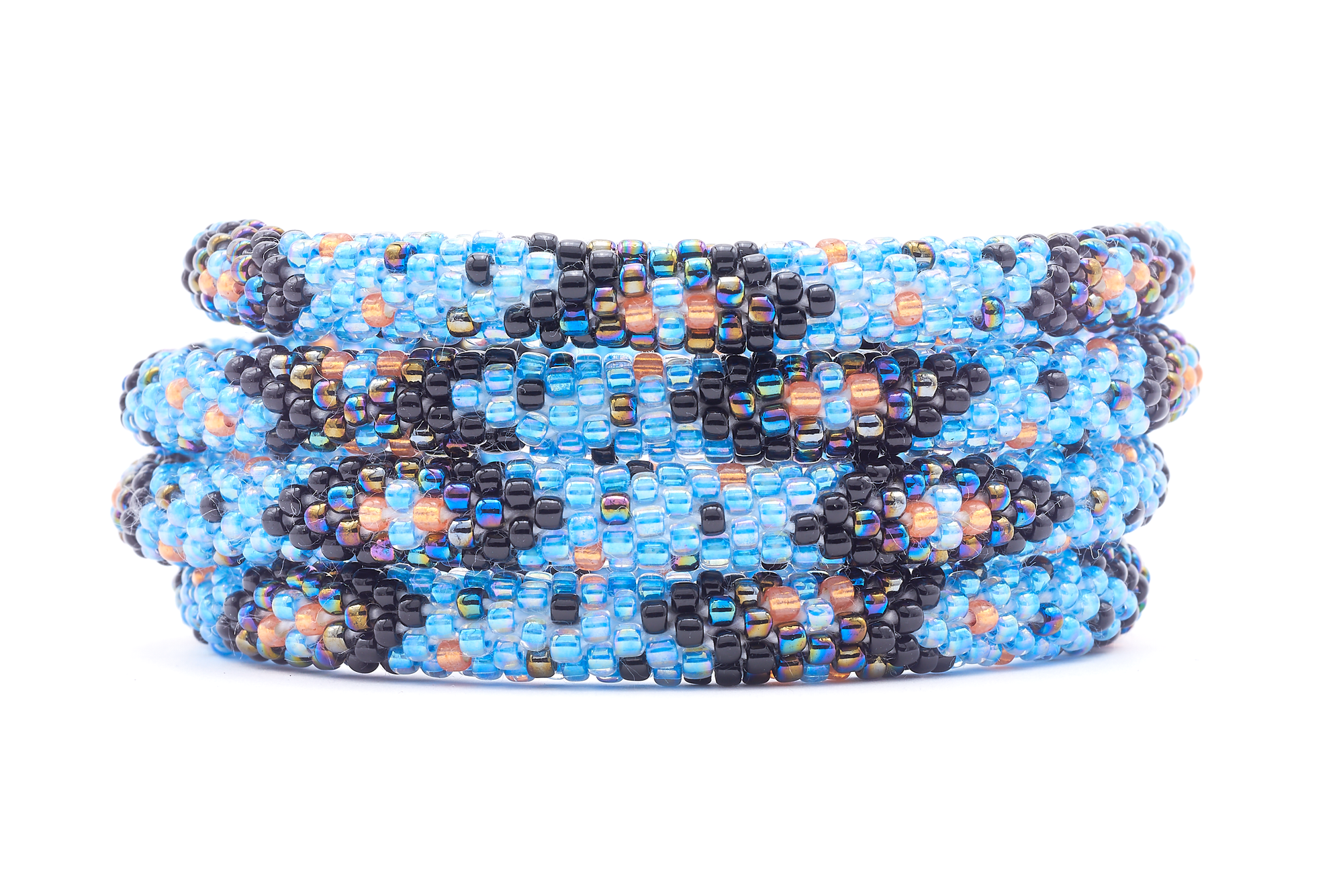 Sashka Co. handmade beaded friendship bracelet with blue, black, orange, and iridescent chevron polka dot pattern. Crafted in Nepal by skilled artisans.
