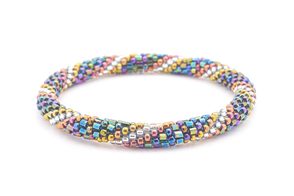 Sashka Co. handmade glass beaded friendship bracelet with iridescent, gold, purple, and silver glass beads in a spiral pattern. Crafted in Nepal by skilled artisans.