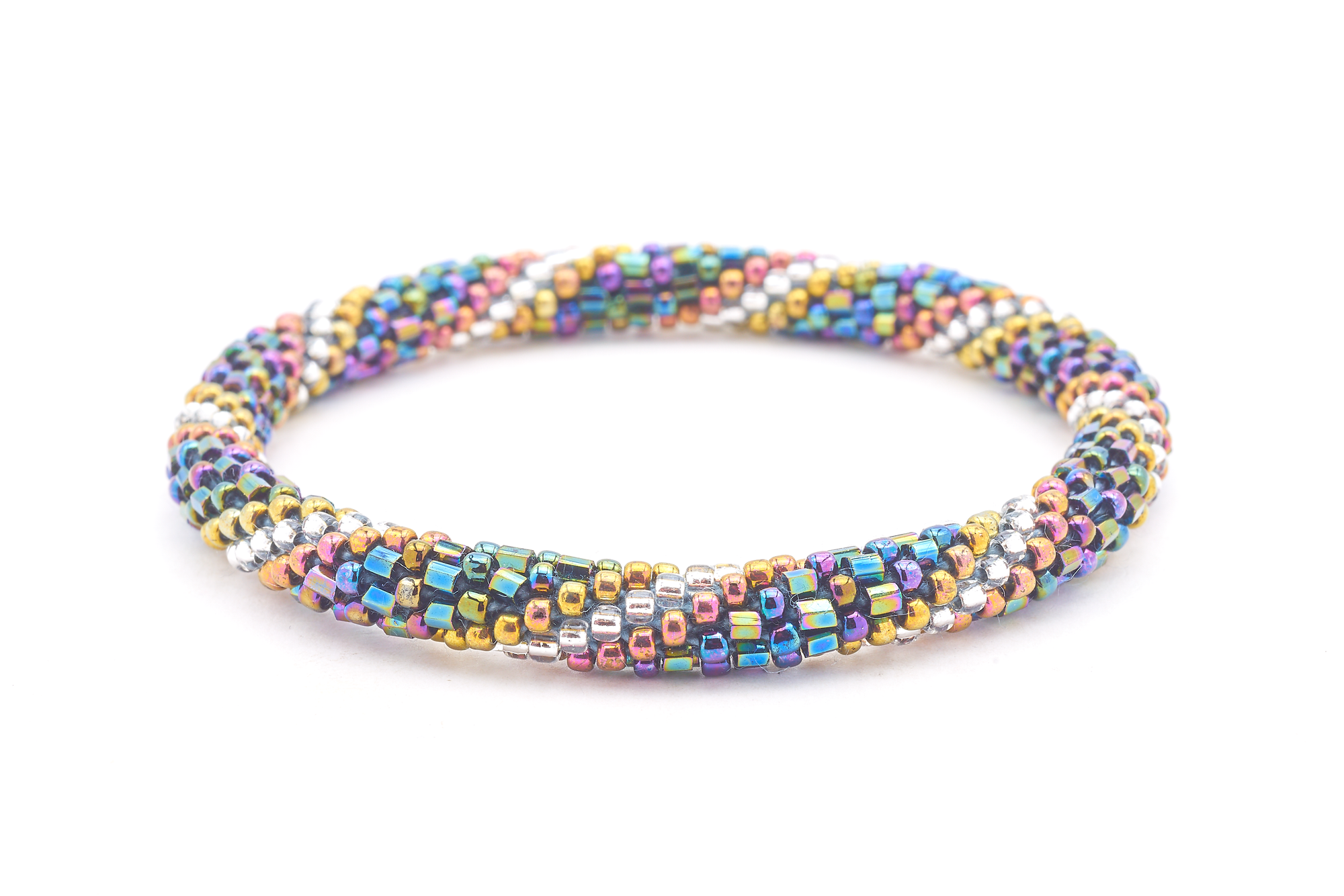 Sashka Co. handmade glass beaded friendship bracelet with iridescent, gold, purple, and silver glass beads in a spiral pattern. Crafted in Nepal by skilled artisans.
