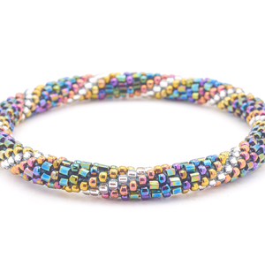 Sashka Co. handmade glass beaded friendship bracelet with iridescent, gold, purple, and silver glass beads in a spiral pattern. Crafted in Nepal by skilled artisans.