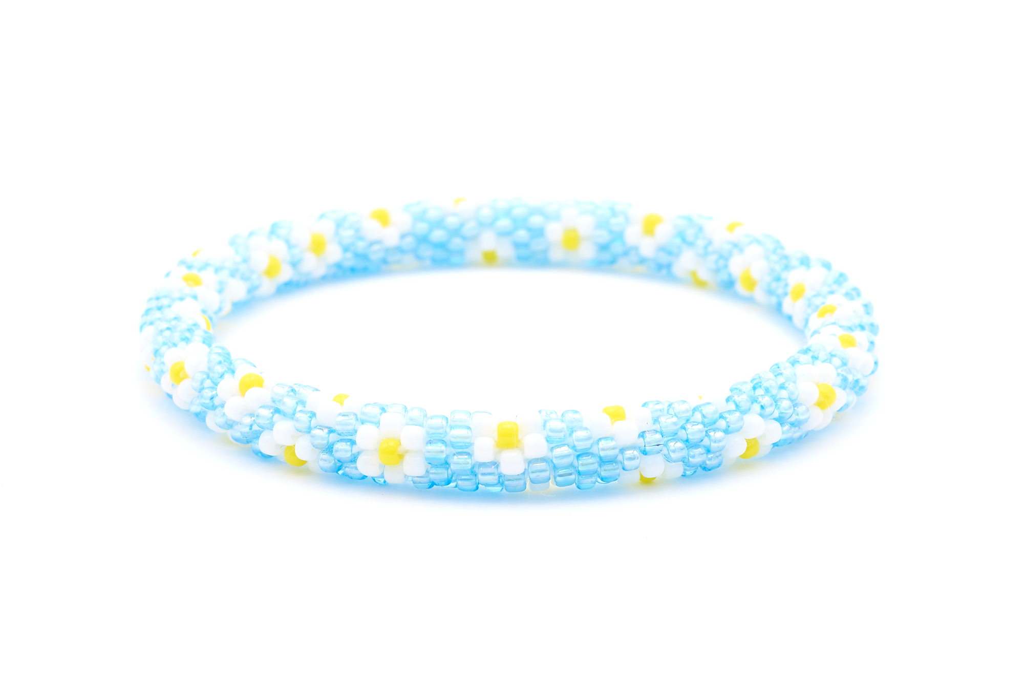 Sashka Co. handmade beaded friendship bracelet with blue, white, and yellow flower pattern. Crafted in Nepal by skilled artisans.