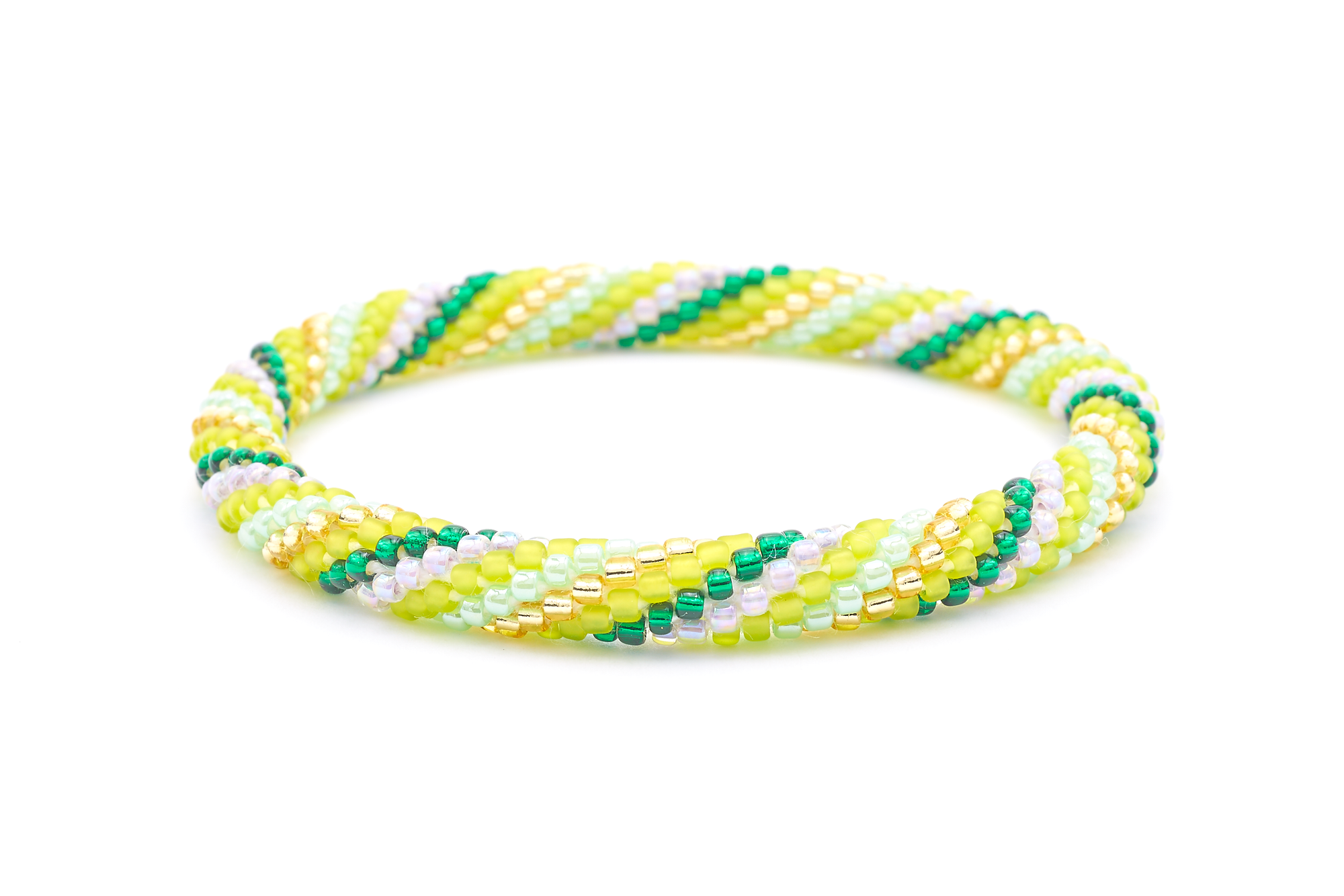 Sashka Co. handmade beaded friendship bracelet with green, mint, matte green, champagne gold, and light purple spiral pattern. Crafted in Nepal by skilled artisans.
