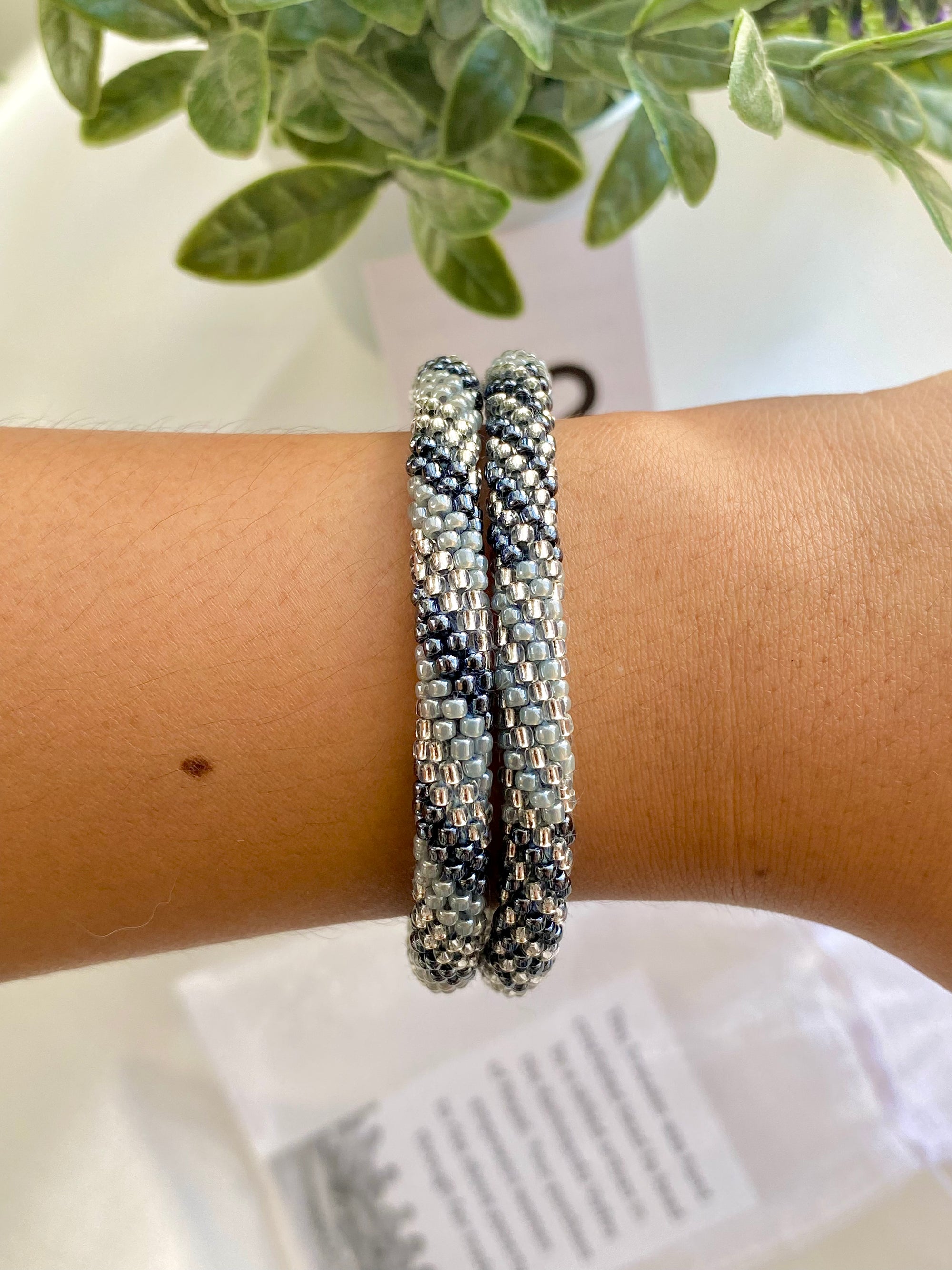 Sashka Co. Beaded Friendship Bracelet Set 2 Bracelets / Silver / Clear / Gray Silver Sky Bracelet Set of 2