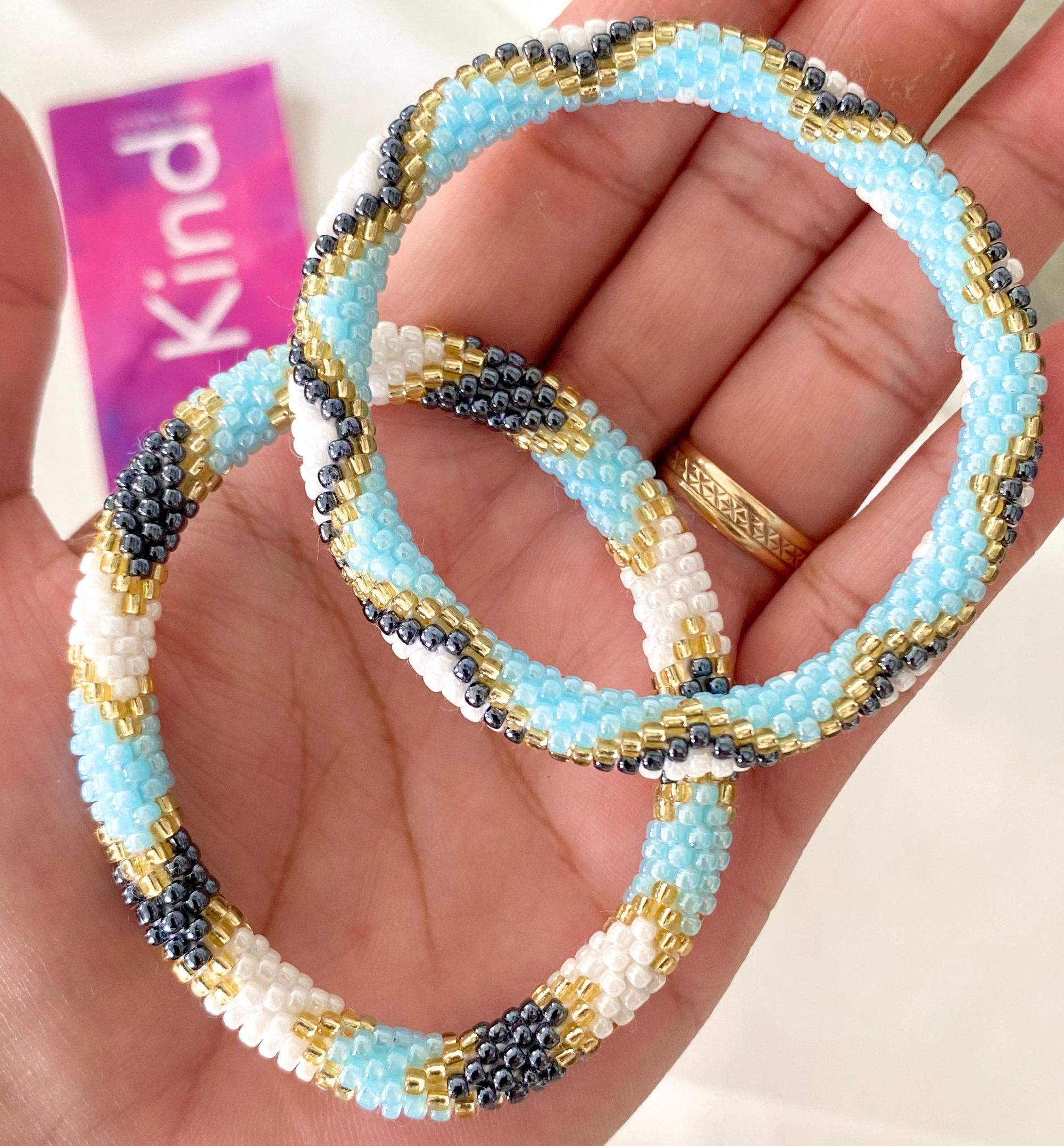 Sashka Co. Beaded Friendship Bracelet Set Light Blue / White / Silver / Champagne Gold Gorgeous Girl Bracelet Set of 2