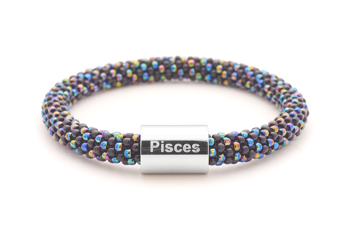 Sashka Co. Extended 8" Bracelet Black / Iridescent Mix / w Silver Pisces Charm Pisces Charm Bracelet - Extended 8"