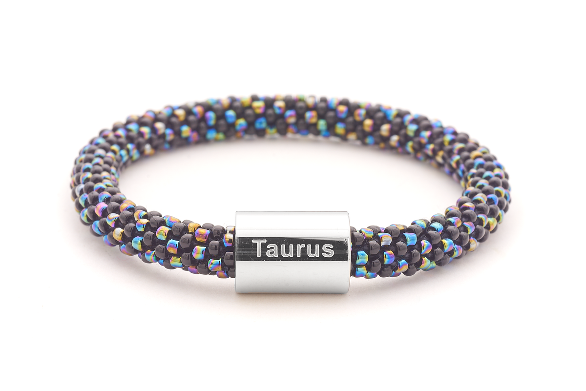 Sashka Co. Extended 8" Bracelet Black / Iridescent Mix / w Silver Taurus Charm Taurus Charm Bracelet - Extended 8"
