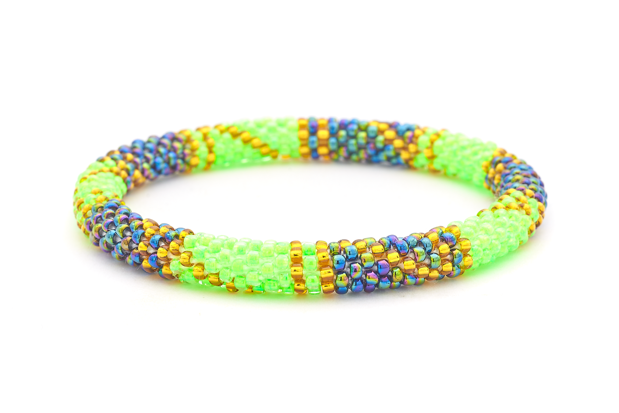 Handmade glass bead bracelet from Nepal, featuring a roll design. Also known as a beaded bracelet, seed bead bracelet, beach glass bracelet, or sea glass bracelet