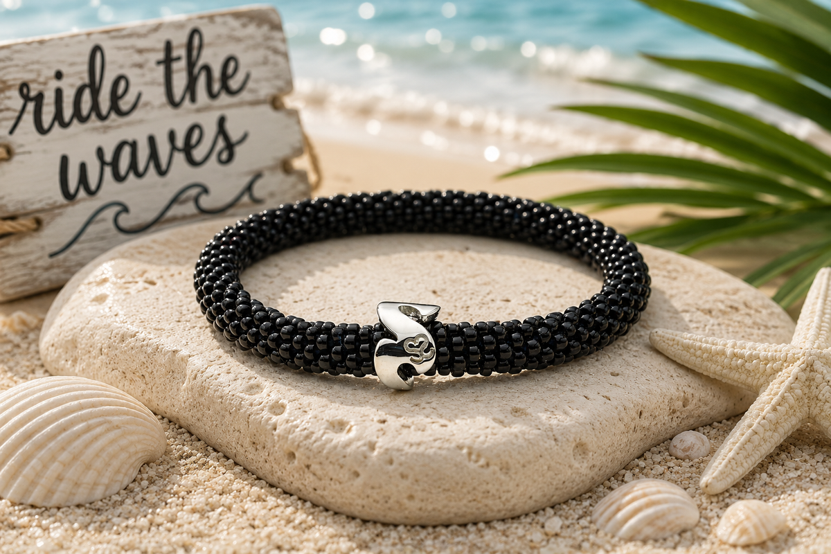 Sashka Co. Glass Bead Charm Bracelet Black /w Silver Charm Wave Charm Bracelet