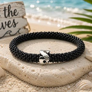 Sashka Co. Glass Bead Charm Bracelet Black /w Silver Charm Wave Charm Bracelet