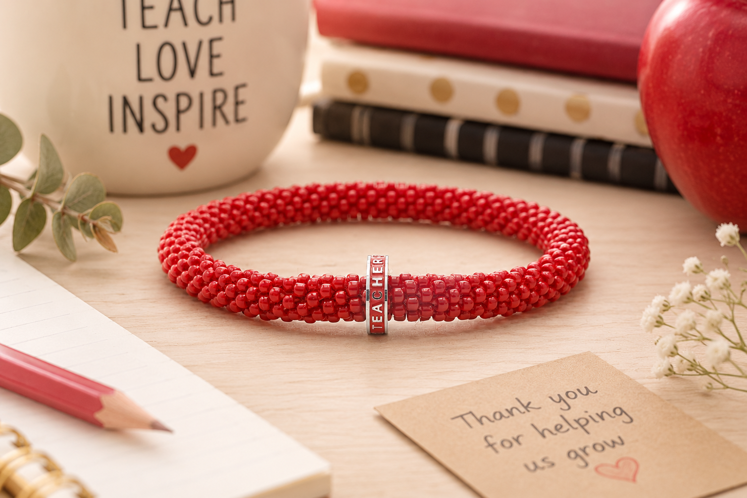 Sashka Co. Glass Bead Charm Bracelet Red w/ Red Charm Teacher Charm Bracelet
