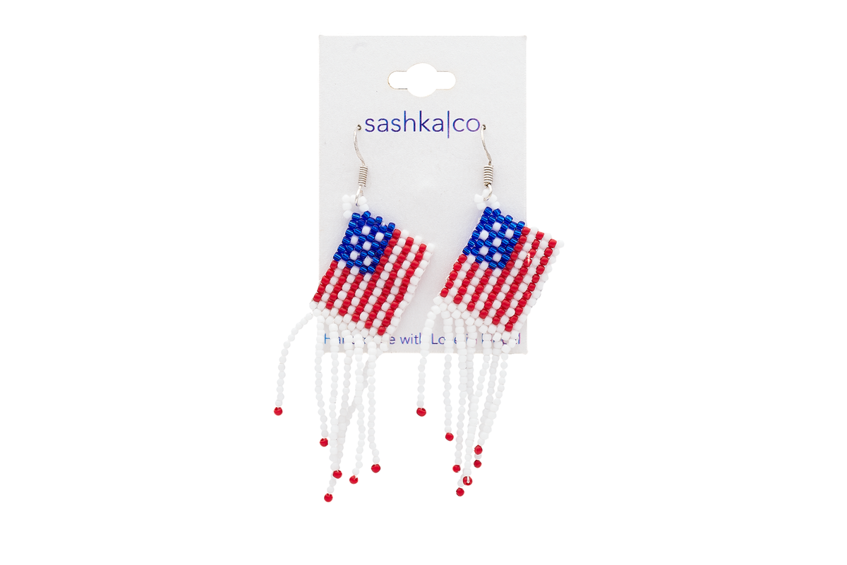 Sashka Co. Glass Bead Earrings White / Red / Blue USA Flag Earrings