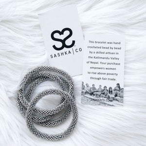 Sashka Co. Kids Bracelet Solid Silver – Handmade in Nepal with glass seed beads. Artisan-made silver beaded bracelet, fair trade jewelry, stackable minimalist bracelet, boho seed bead bracelet.