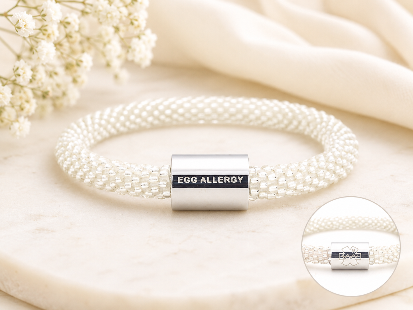 Sashka Co. Medical Alert Bracelet Clear w/ Egg Allergy Charm Egg Allergy Medical Alert Bracelet