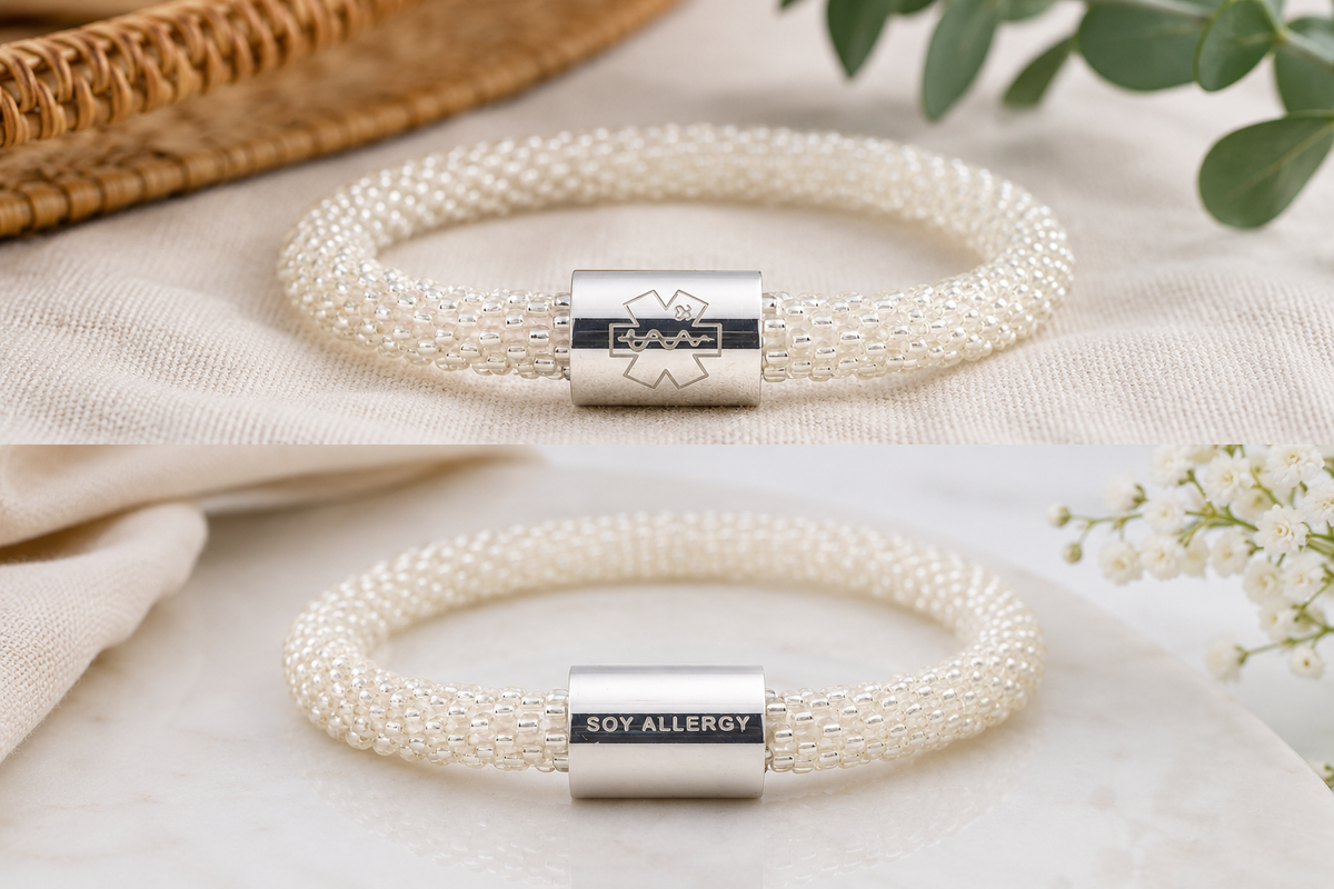 Sashka Co. Medical Alert Bracelet Clear w/ Silver Soy Allergy Charm Soy Allergy Medical Alert Bracelet