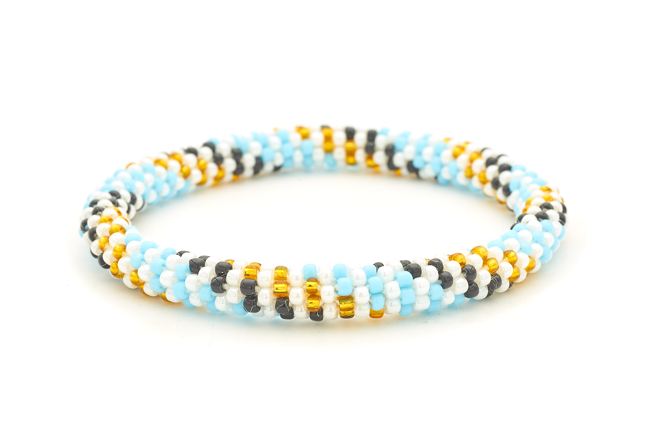 Handmade glass bead bracelet from Nepal, featuring a roll design. Also known as a beaded bracelet, seed bead bracelet, beach glass bracelet, or sea glass bracelet