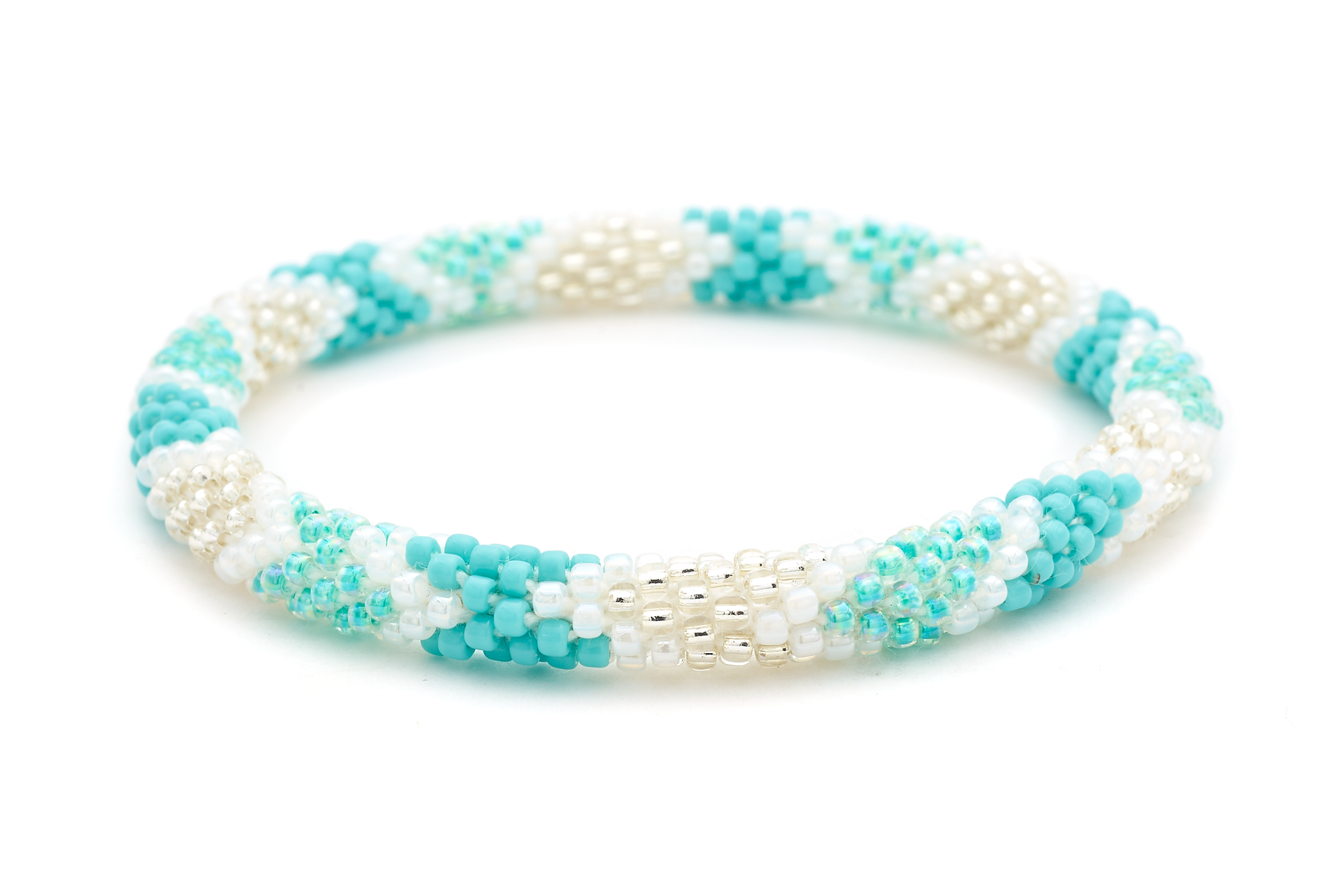 Handmade glass bead bracelet from Nepal, featuring a roll design. Also known as a beaded bracelet, seed bead bracelet, beach glass bracelet, or sea glass bracelet