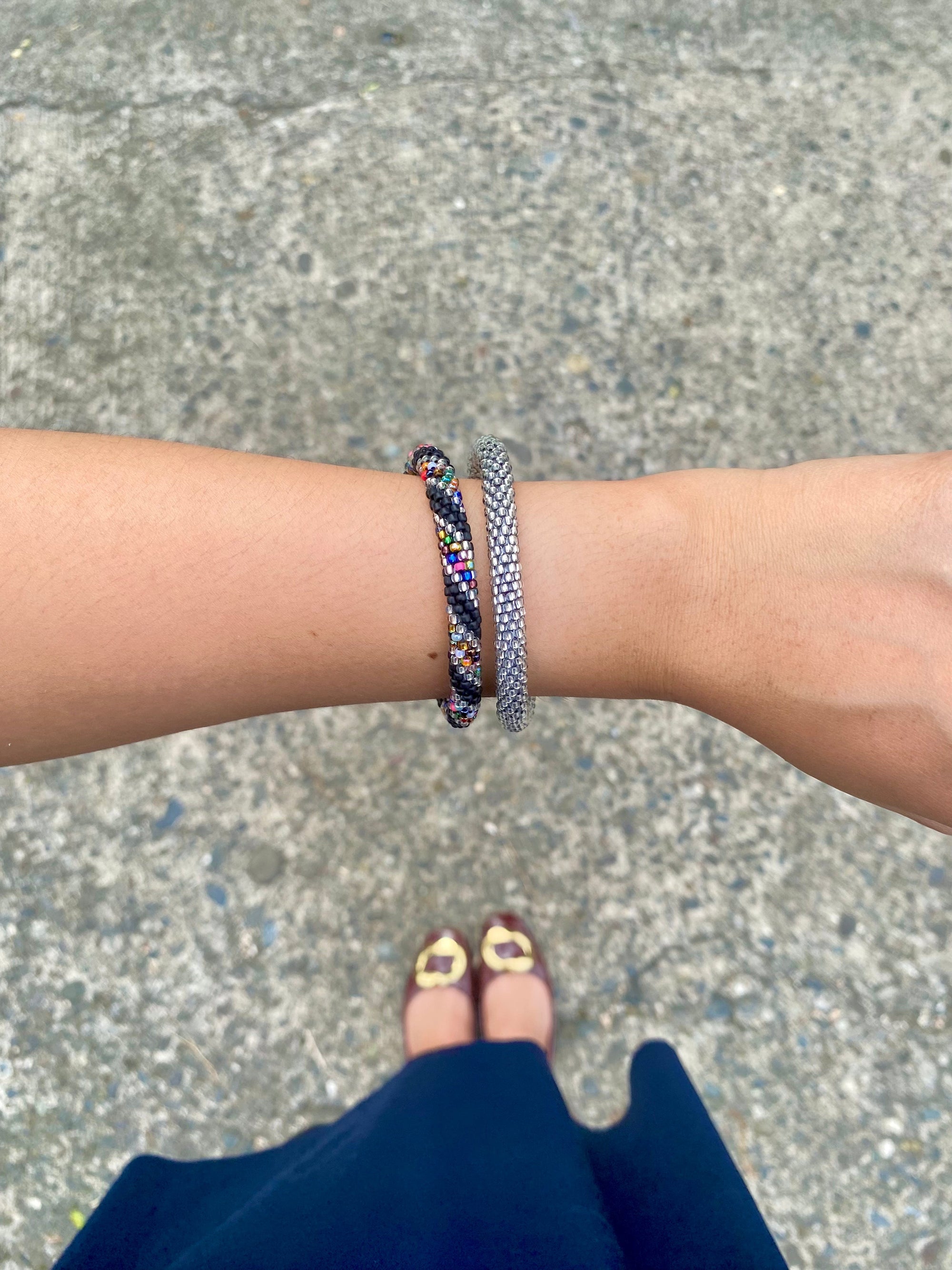 Sashka Co. Glass Bead Bracelet Extended Solid Silver with Black Thread Solid Silver Bracelet - Extended 8" | Glass Bead Bracelet