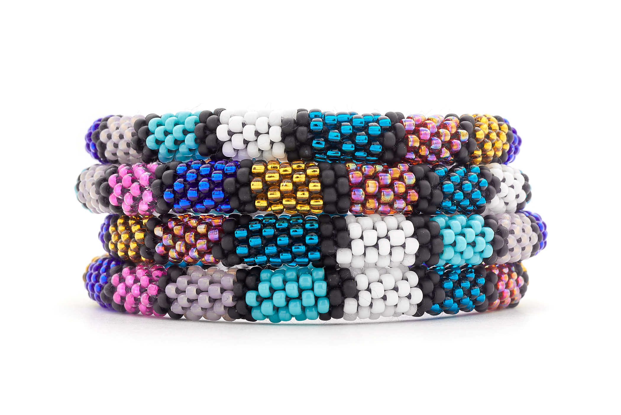 Handmade glass bead Black , Teal , Gray , Pink , Turquoise , Gold bracelet from Nepal, featuring a roll design. Also known as a beaded bracelet, seed bead bracelet, beach glass bracelet, or sea glass bracelet