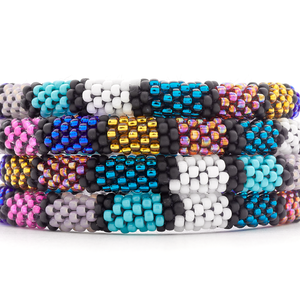 Handmade glass bead Black , Teal , Gray , Pink , Turquoise , Gold bracelet from Nepal, featuring a roll design. Also known as a beaded bracelet, seed bead bracelet, beach glass bracelet, or sea glass bracelet