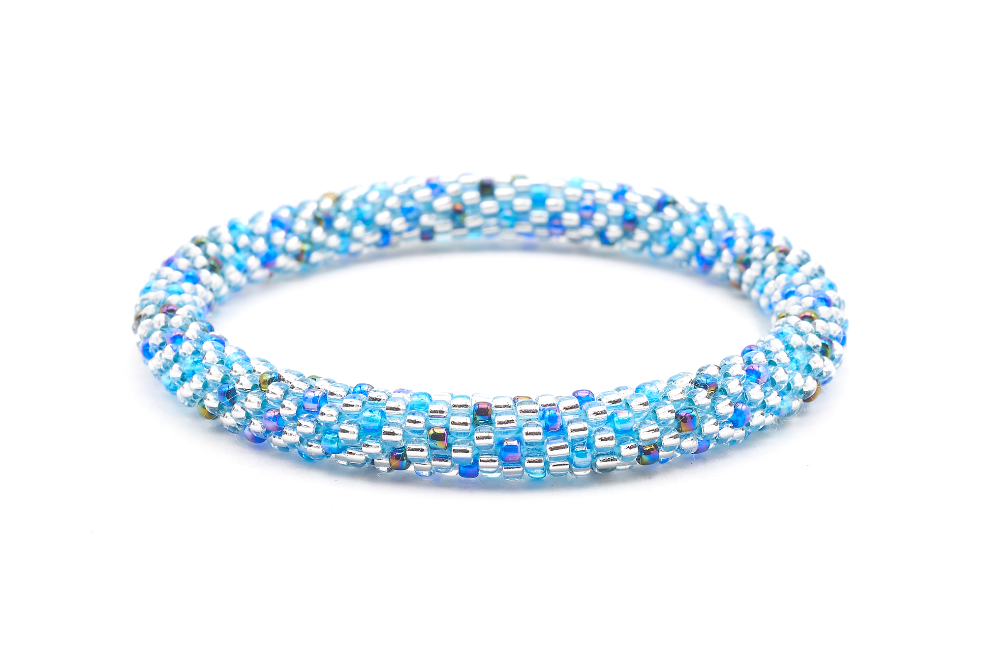 Sashka Co. Blue, Clear, Iridescent Bracelet. Handmade glass bead bracelet from Nepal, featuring a roll design.
 