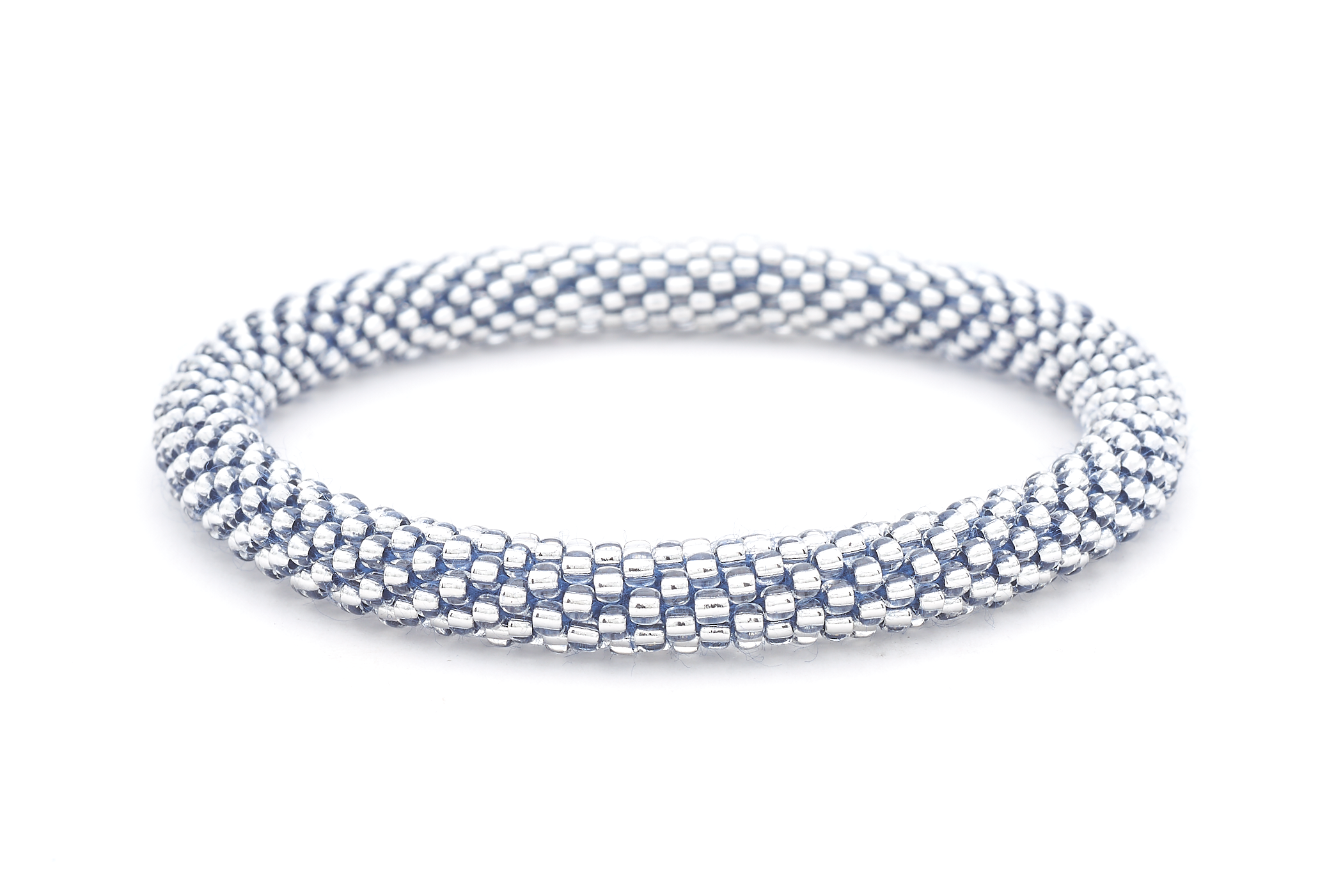 Handmade glass bead Clear Bead w/ Dark Blue Thread bracelet from Nepal, featuring a roll design. Also known as a beaded bracelet, seed bead bracelet, beach glass bracelet, or sea glass bracelet