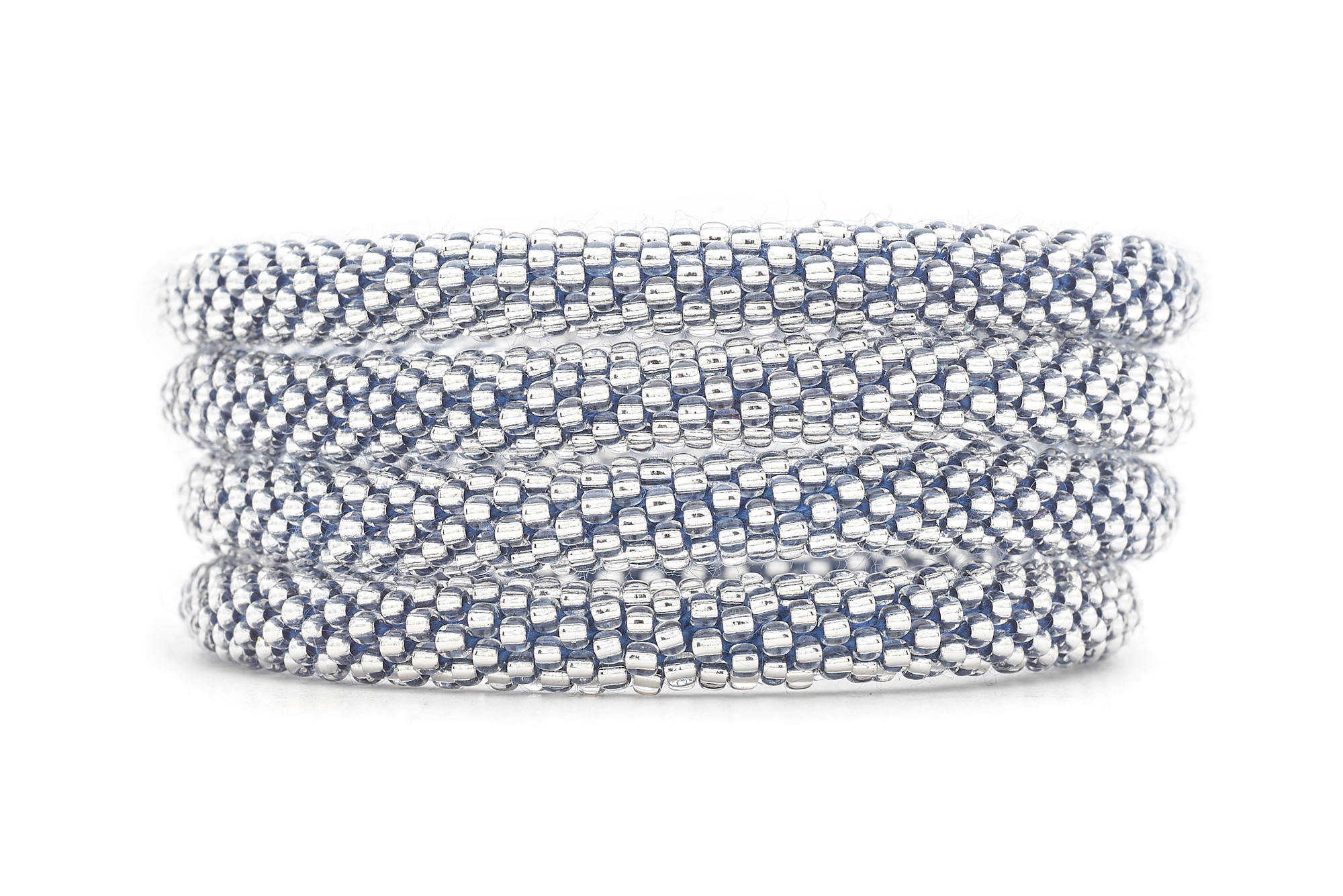 Handmade glass bead Clear Bead w/ Dark Blue Thread bracelet from Nepal, featuring a roll design. Also known as a beaded bracelet, seed bead bracelet, beach glass bracelet, or sea glass bracelet
