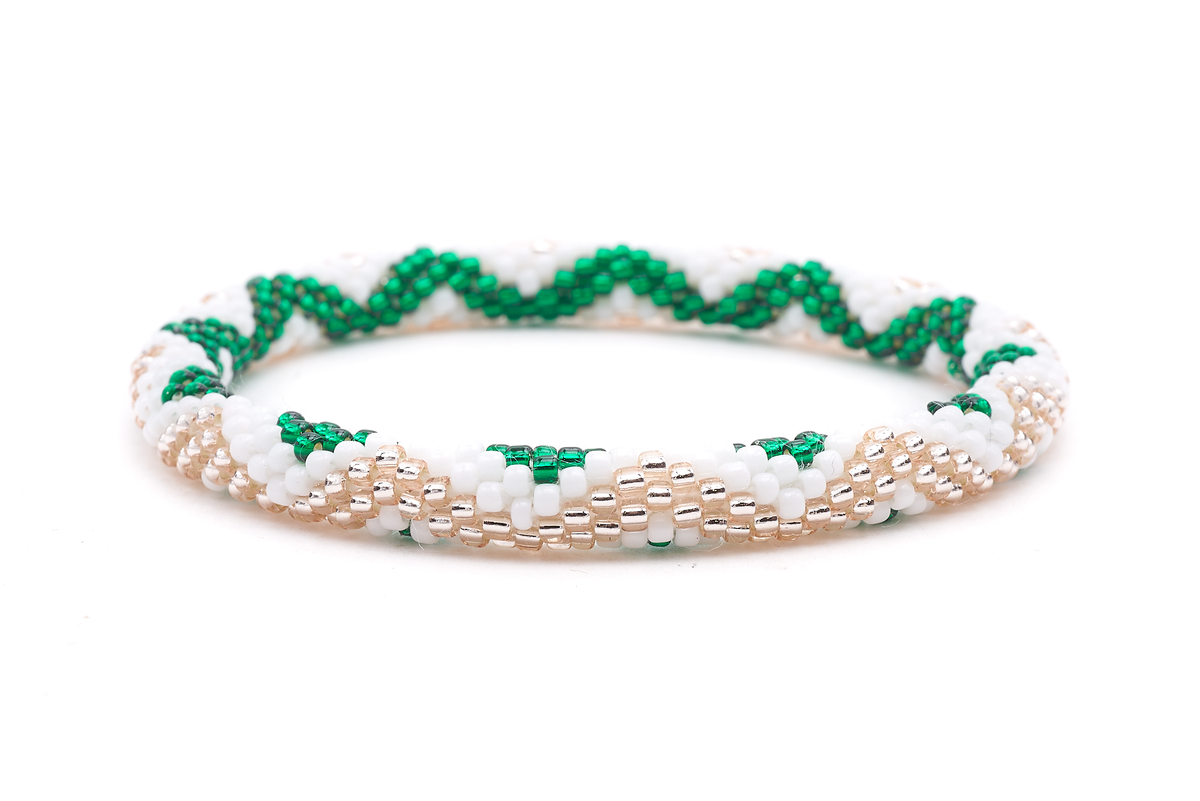 Sashka Co. Green, Rose Gold, White Bracelet. Handmade glass bead bracelet from Nepal, featuring a roll design.
 