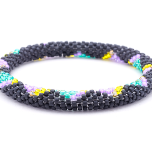 Sashka Co. Matte Black, Purple, Teal, Yellow Bracelet. Handmade glass bead bracelet from Nepal, featuring a roll design.