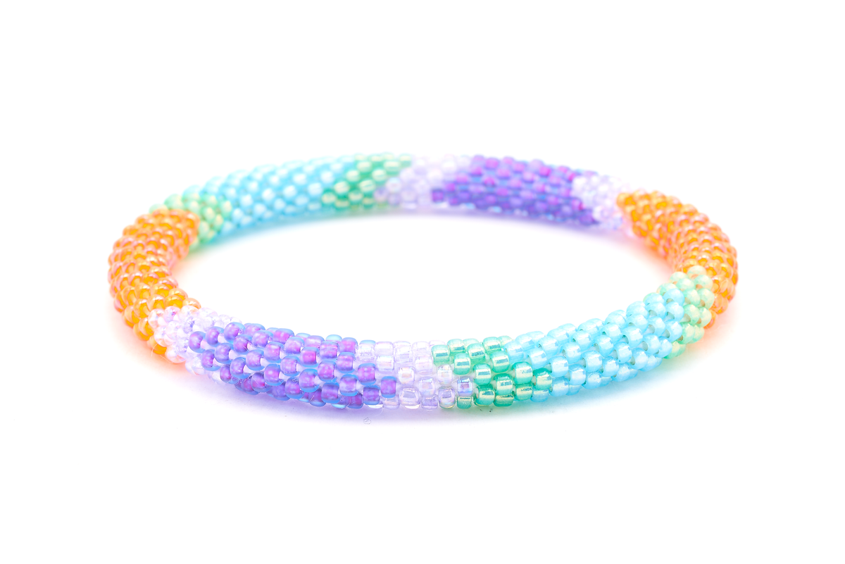 Sashka Co. Matte Purple , Blue , Orange ,Green Bracelet. Handmade glass bead bracelet from Nepal, featuring a roll design.