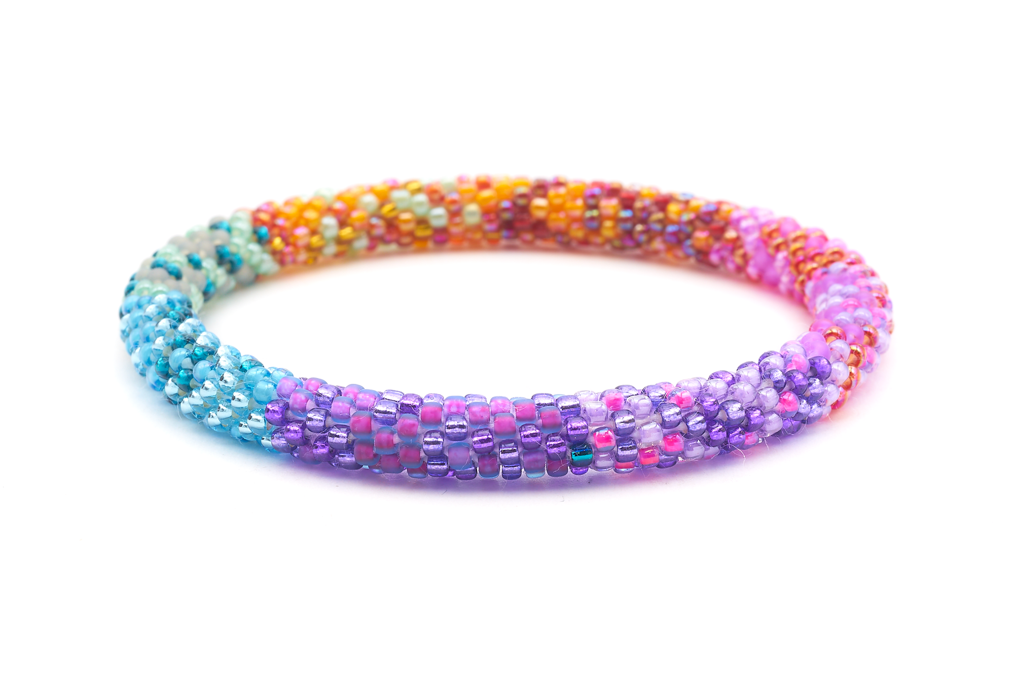 Sashka Co. Mixed Purples, Blues, Gray, Orange, Reds, Pinks Bracelet. Handmade glass bead bracelet from Nepal, featuring a roll design.
 