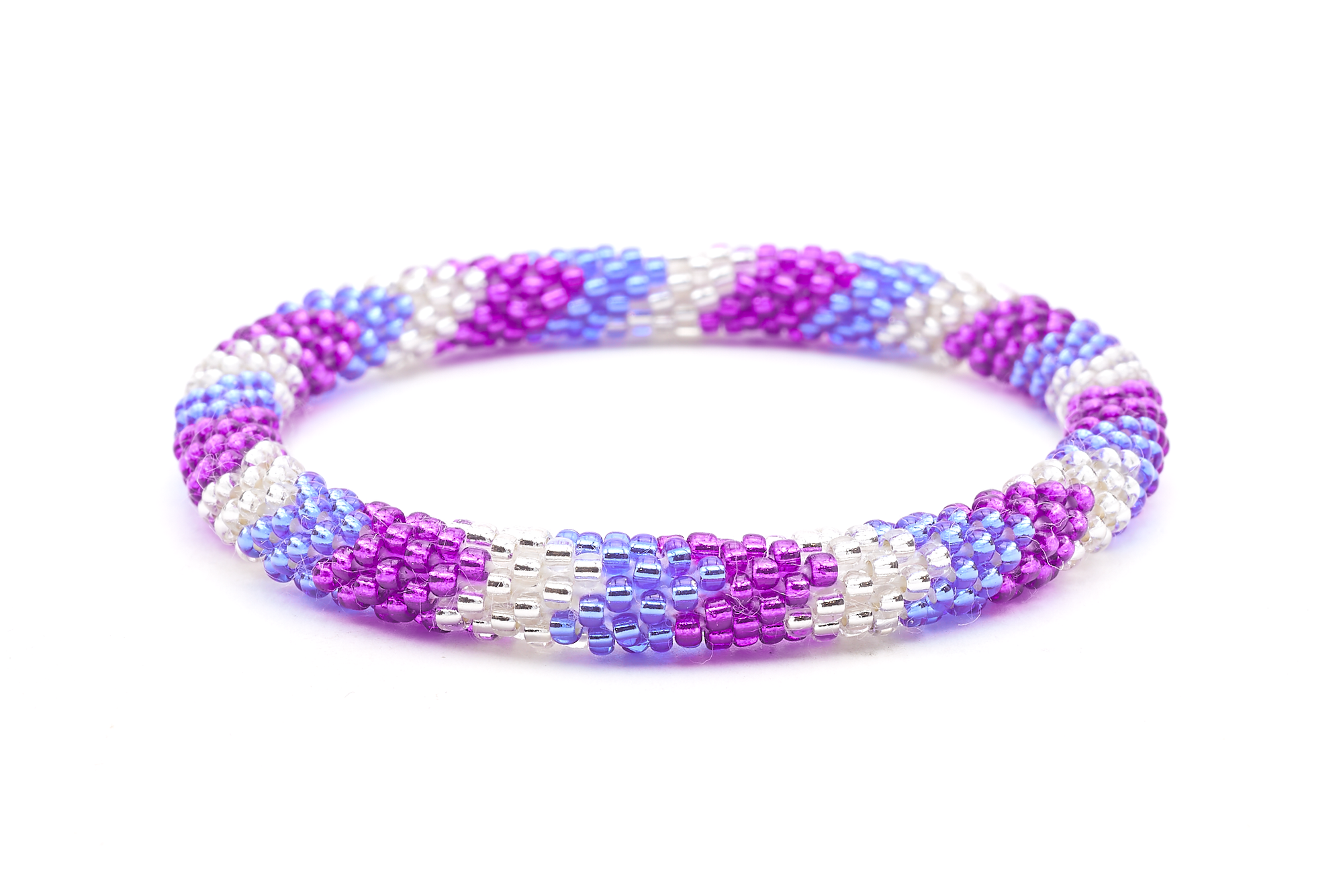 Sashka Co. Sapphire , Purple , Clear Bracelet. Handmade glass bead bracelet from Nepal, featuring a roll design.
 