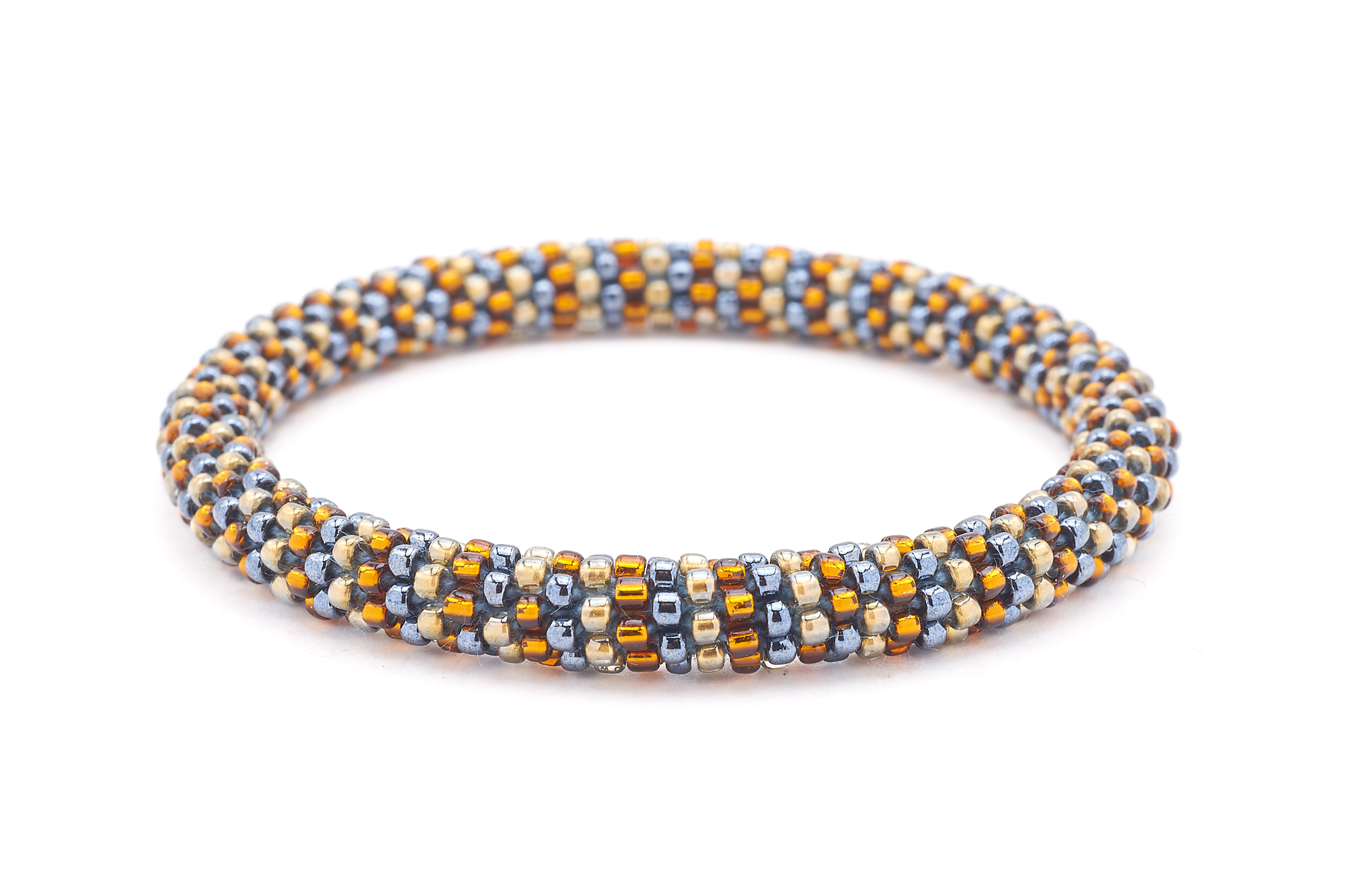 Sashka Co. Silver, Bronze, Tan Bracelet. Handmade glass bead bracelet from Nepal, featuring a roll design.
 