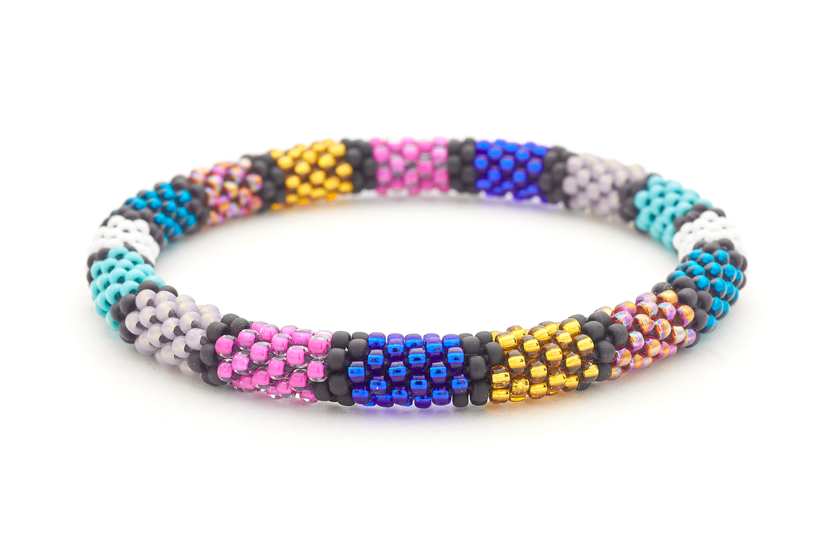Handmade glass bead Black , Teal , Gray , Pink , Turquoise , Gold bracelet from Nepal, featuring a roll design. Also known as a beaded bracelet, seed bead bracelet, beach glass bracelet, or sea glass bracelet
