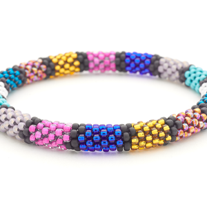 Handmade glass bead Black , Teal , Gray , Pink , Turquoise , Gold bracelet from Nepal, featuring a roll design. Also known as a beaded bracelet, seed bead bracelet, beach glass bracelet, or sea glass bracelet