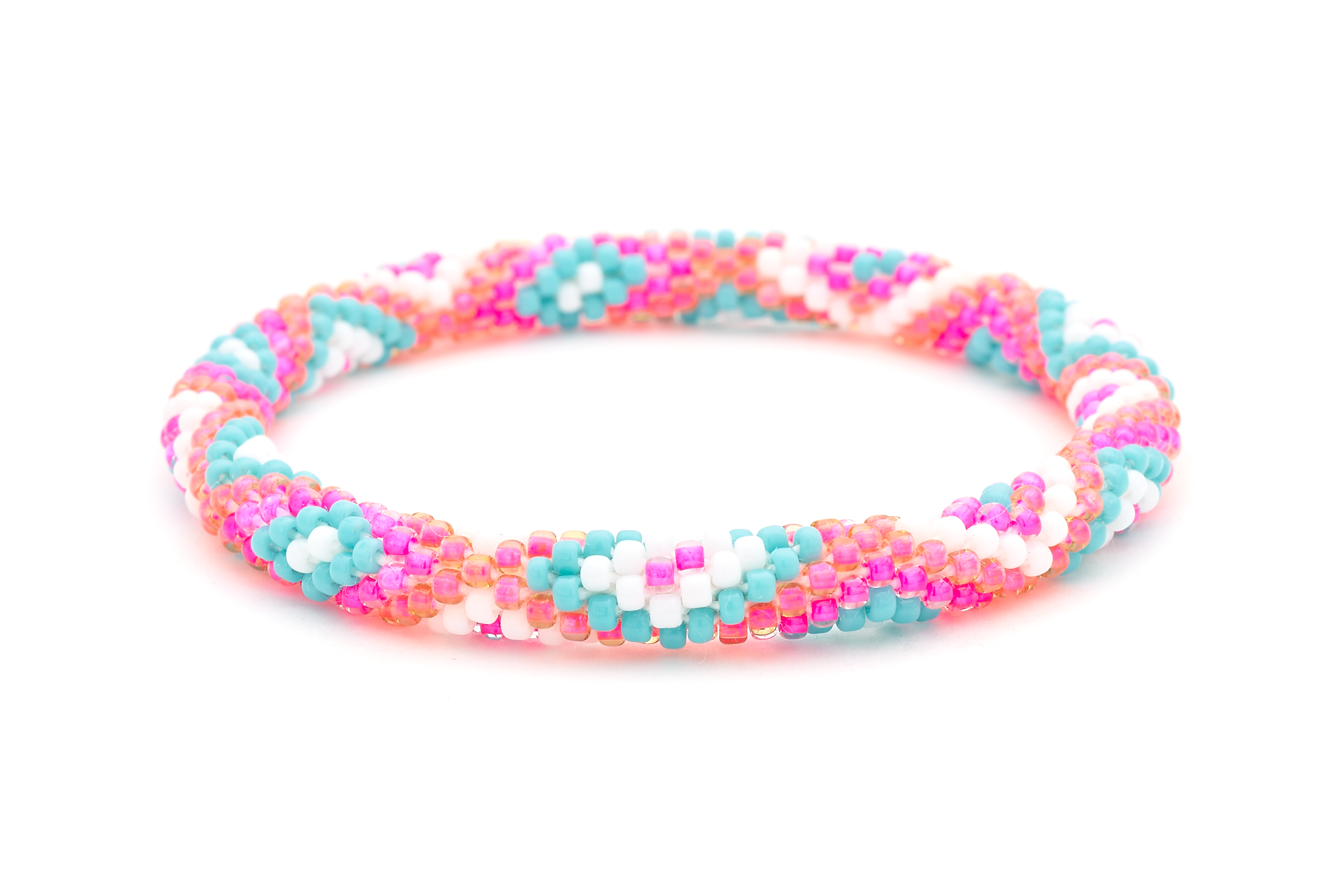 Handmade glass bead Hot Pink, Turquoise, White, Pink bracelet from Nepal, featuring a roll design. Also known as a beaded bracelet, seed bead bracelet, beach glass bracelet, or sea glass bracelet