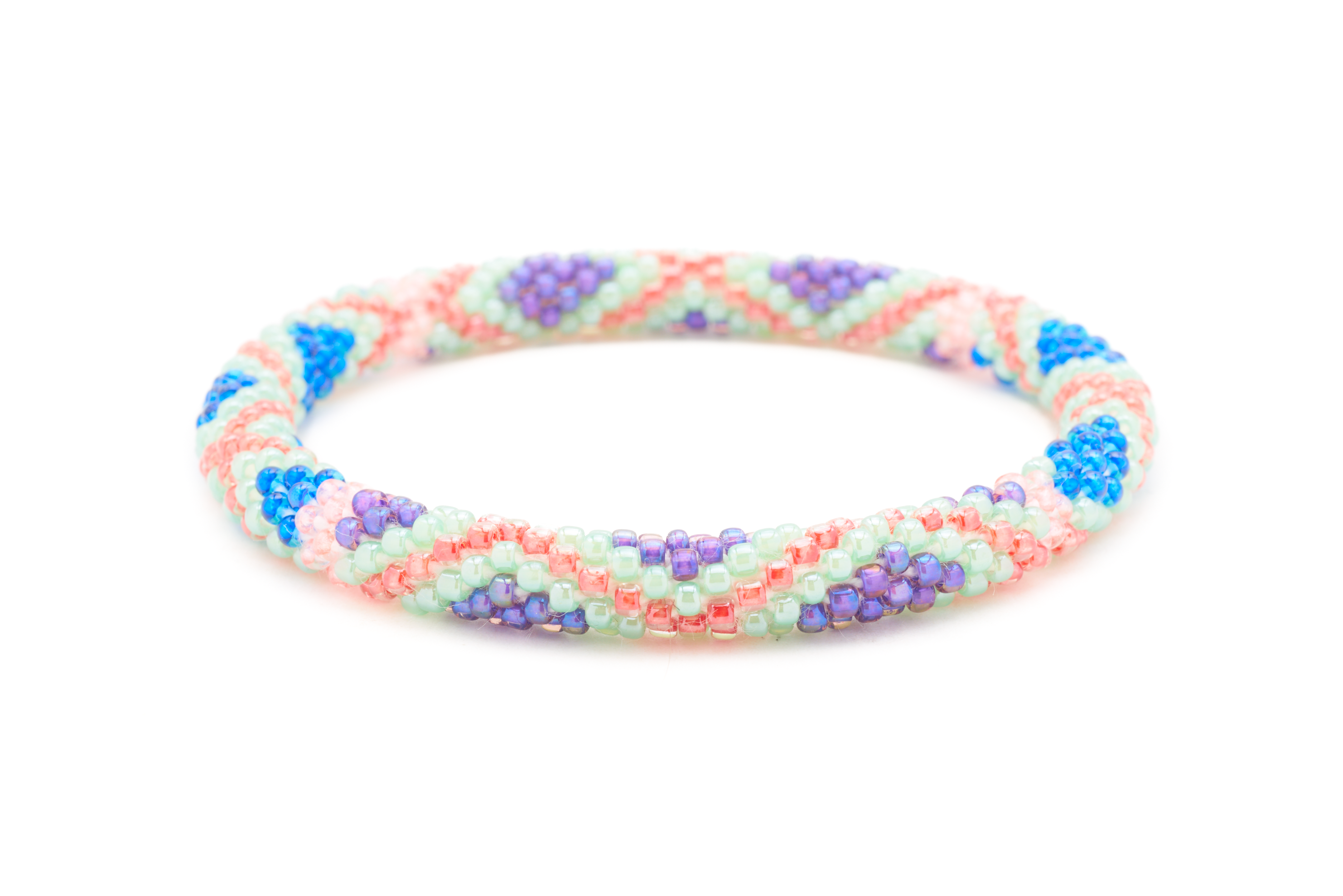 Sashka Co. Mint , Blue , Purple , Red , Coral Bracelet. Handmade glass bead bracelet from Nepal, featuring a roll design.