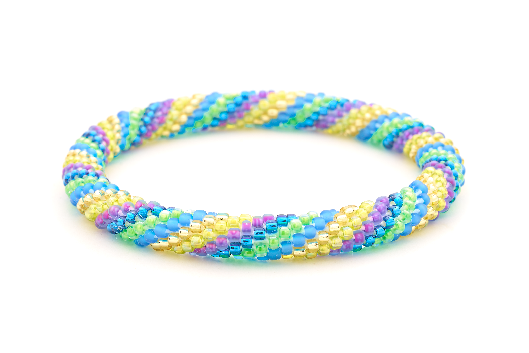 Handmade glass bead Teal , Purple , Gold , Green bracelet from Nepal, featuring a roll design. Also known as a beaded bracelet, seed bead bracelet, beach glass bracelet, or sea glass bracelet