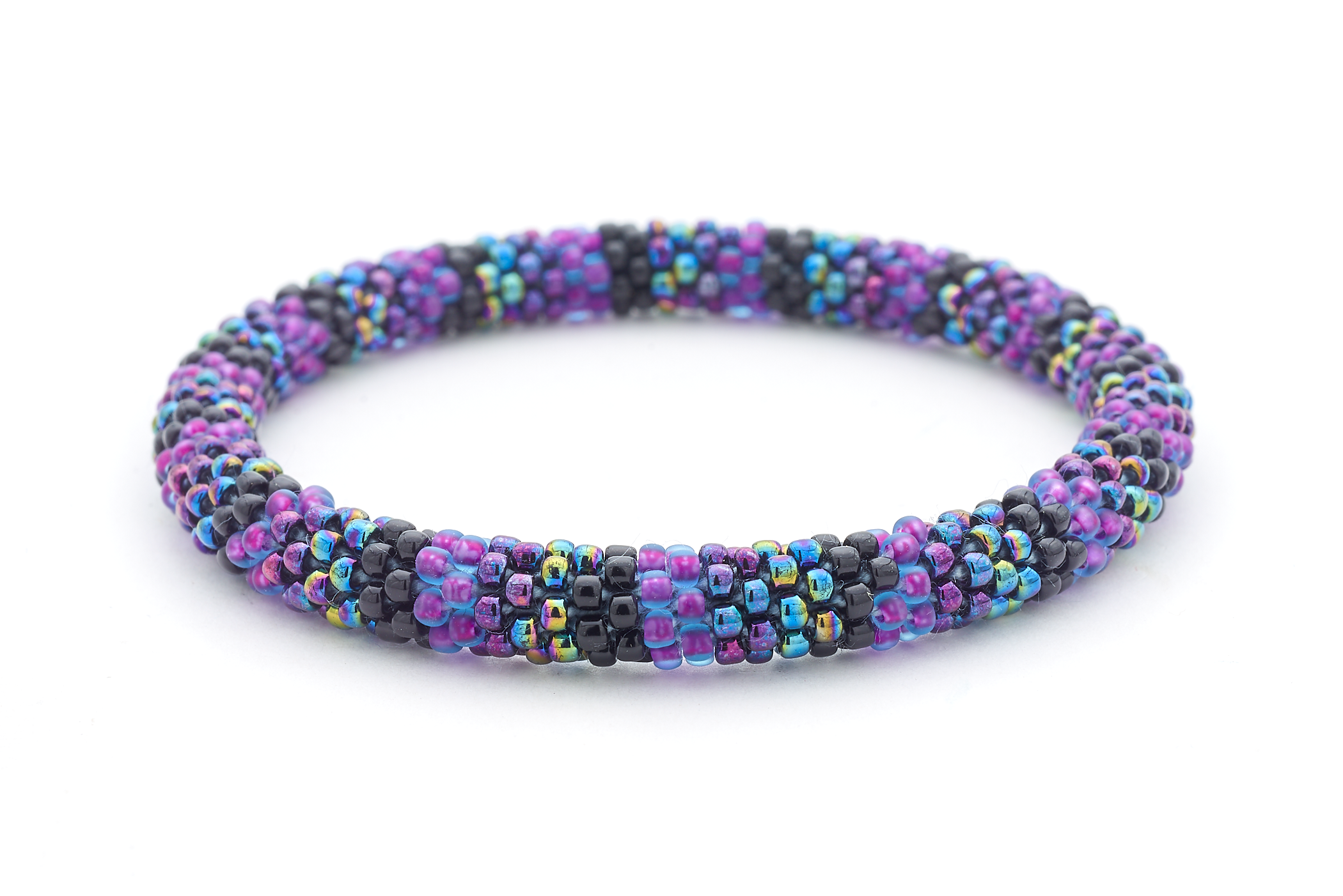 Handmade glass bead purple, black, iridescent bracelet from Nepal, featuring a roll design. Also known as a beaded bracelet, seed bead bracelet, beach glass bracelet, or sea glass bracelet