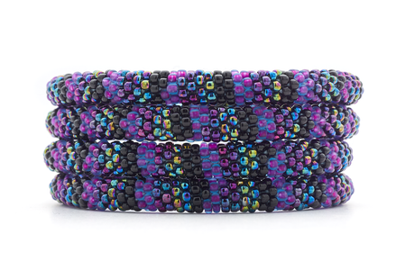 Handmade glass bead purple, black, iridescent bracelet from Nepal, featuring a roll design. Also known as a beaded bracelet, seed bead bracelet, beach glass bracelet, or sea glass bracelet