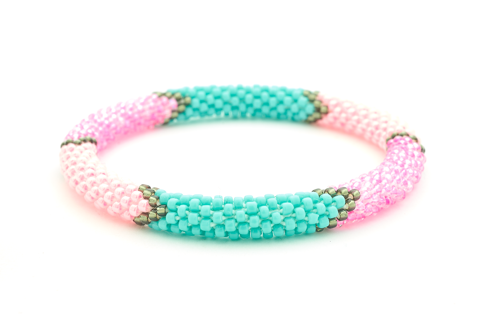 Handmade glass bead Pink , Turquoise , Silver bracelet from Nepal, featuring a roll design. Also known as a beaded bracelet, seed bead bracelet, beach glass bracelet, or sea glass bracelet