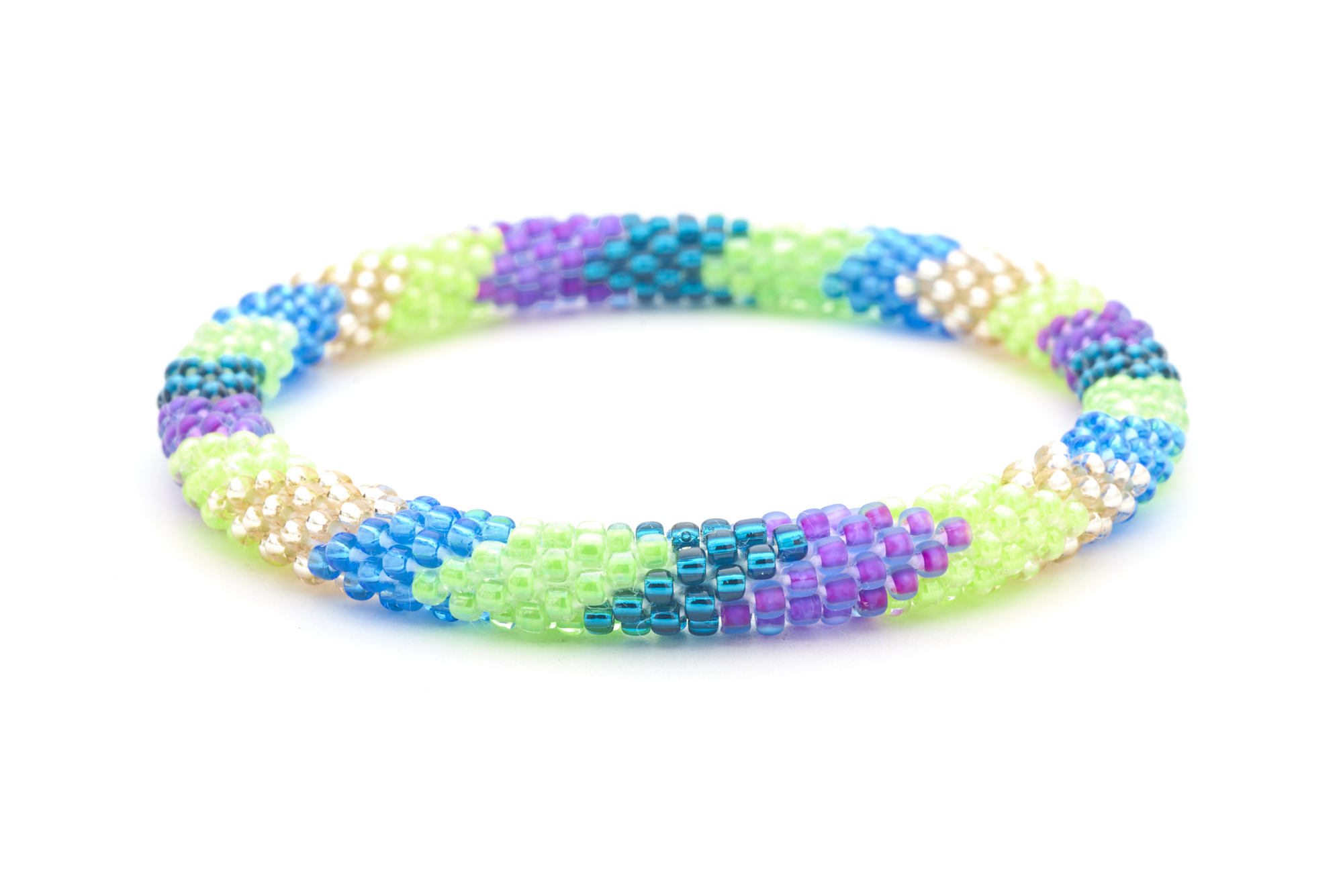 Sashka Co. handmade glass beaded friendship bracelet with Teal,  Purple, Champagne Gold, Green,Blue glass beads. Crafted in Nepal by skilled artisans.