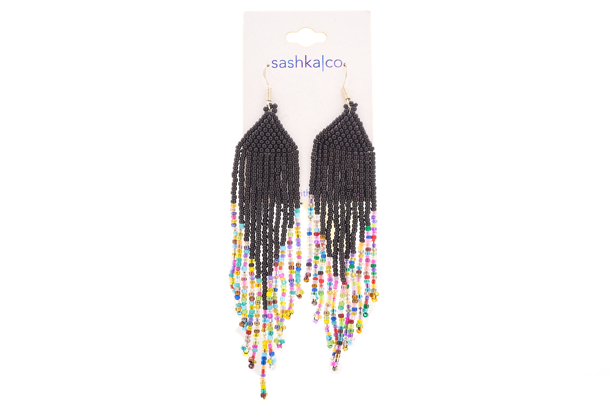 Sashka Co. Glass Bead Earrings, Black and Mixed. 925 Sterling silver hook, Length: 2.5"