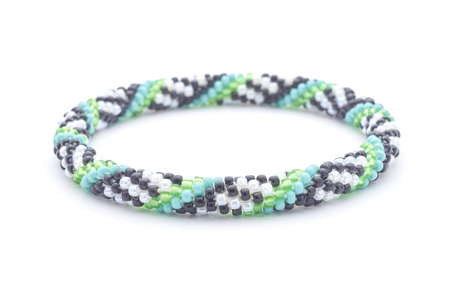 Sashka Co. white, black, green, turquoise Arcadia Bracelet. Handmade glass bead bracelet from Nepal, featuring a roll design.